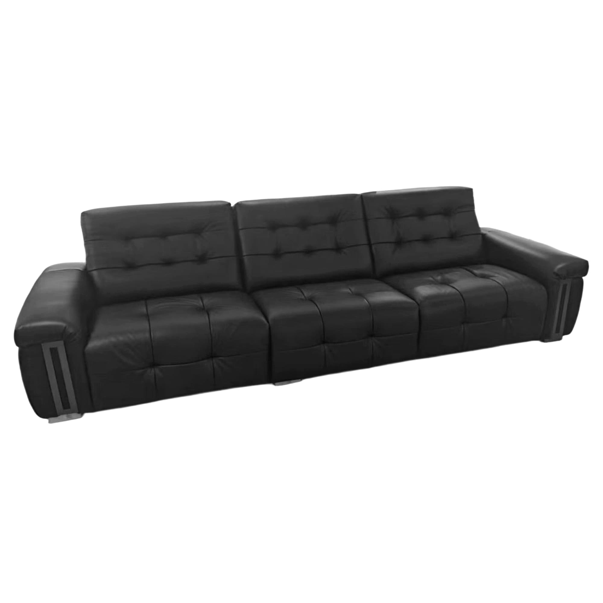 Dark leather sectional sofa in a showroom-style interior, representing Shujing Era production quality
